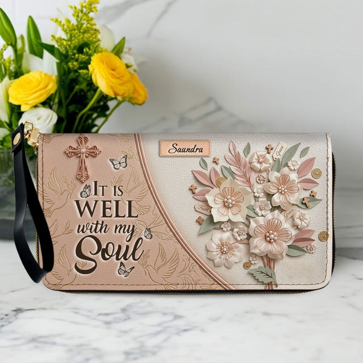 CHRISTIANARTBAG Personalized Leather Handbag and Wallet Set | Beige Custom Name Cross Purse & Long Wristlet Clutch CAB01061626