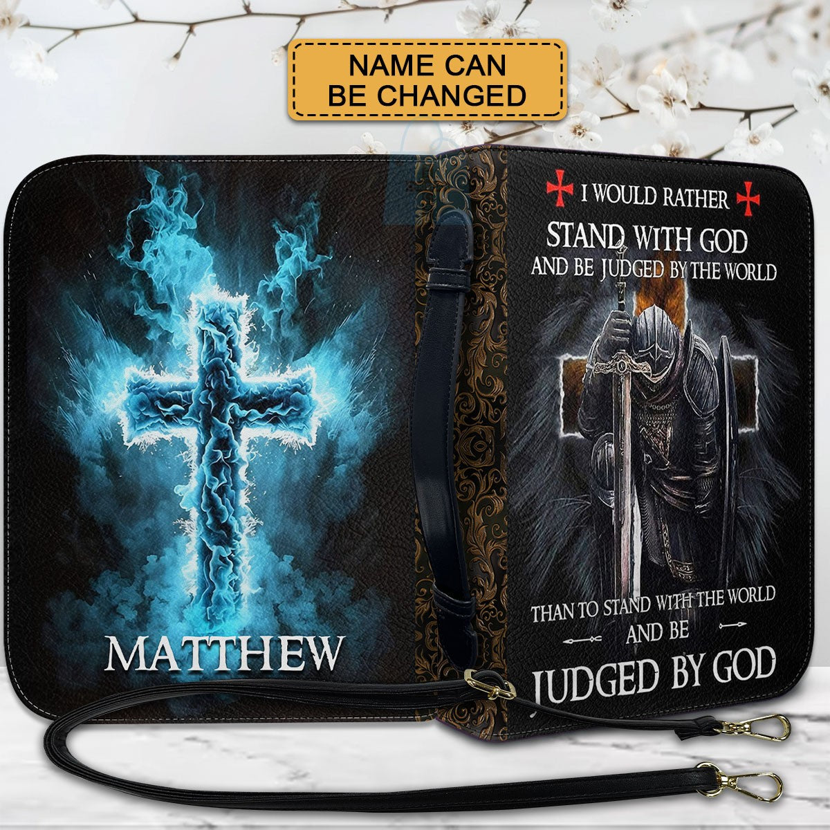 Personalized Bible Cover with Custom Name – Christian Knight Design, Each Letter Linked to Bible Verses
