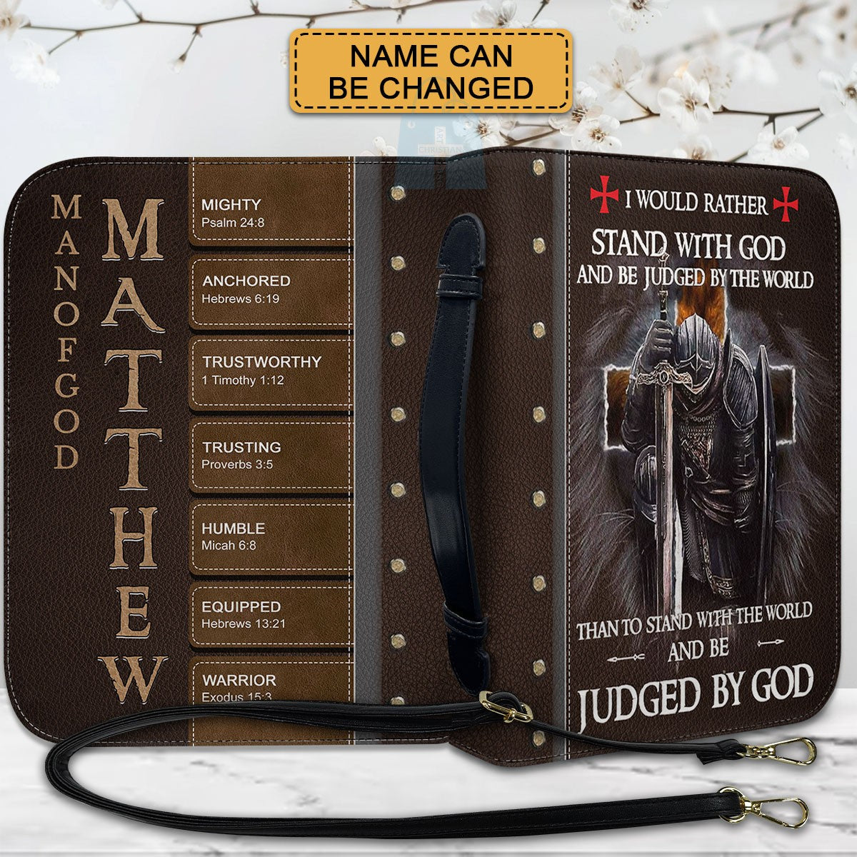 Personalized Bible Cover with Custom Name – Christian Knight Design, Each Letter Linked to Bible Verses
