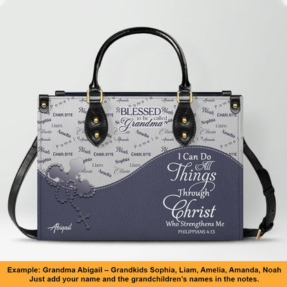 Personalized Leather Handbag – Blessed Grandma Purse with Grandkids' Names Background, Christian Bible Verse Bag, CHRISTIANARTBAG Gift for Women