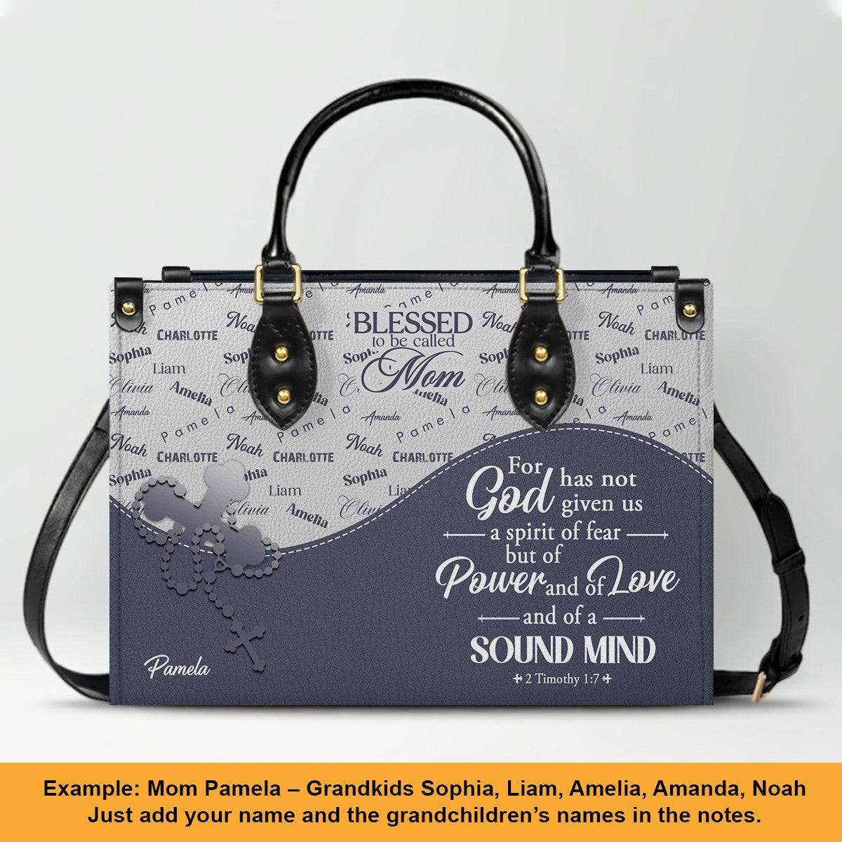 Personalized Leather Handbag – Blessed Grandma Purse with Grandkids' Names Background, Christian Bible Verse Bag, CHRISTIANARTBAG Gift for Women