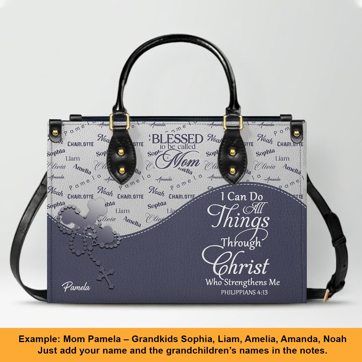 Personalized Leather Handbag – Blessed Grandma Purse with Grandkids' Names Background, Christian Bible Verse Bag, CHRISTIANARTBAG Gift for Women