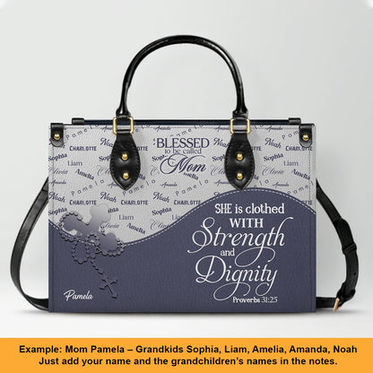 Personalized Leather Handbag – Blessed Grandma Purse with Grandkids' Names Background, Christian Bible Verse Bag, CHRISTIANARTBAG Gift for Women
