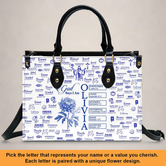 Personalized Leather Tote Bag with Name & Birth Month Flower – Custom Christian Handbag