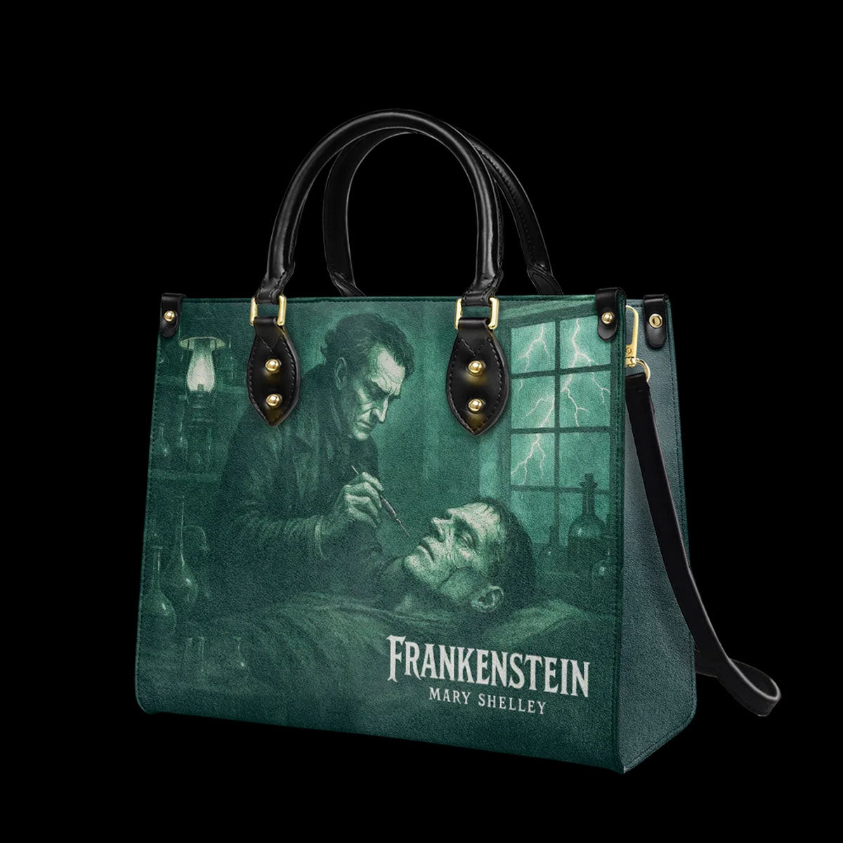 Mary Shelley Frankenstein Gothic Tote Bag – Purple and Green Horror Handbag for Halloween
