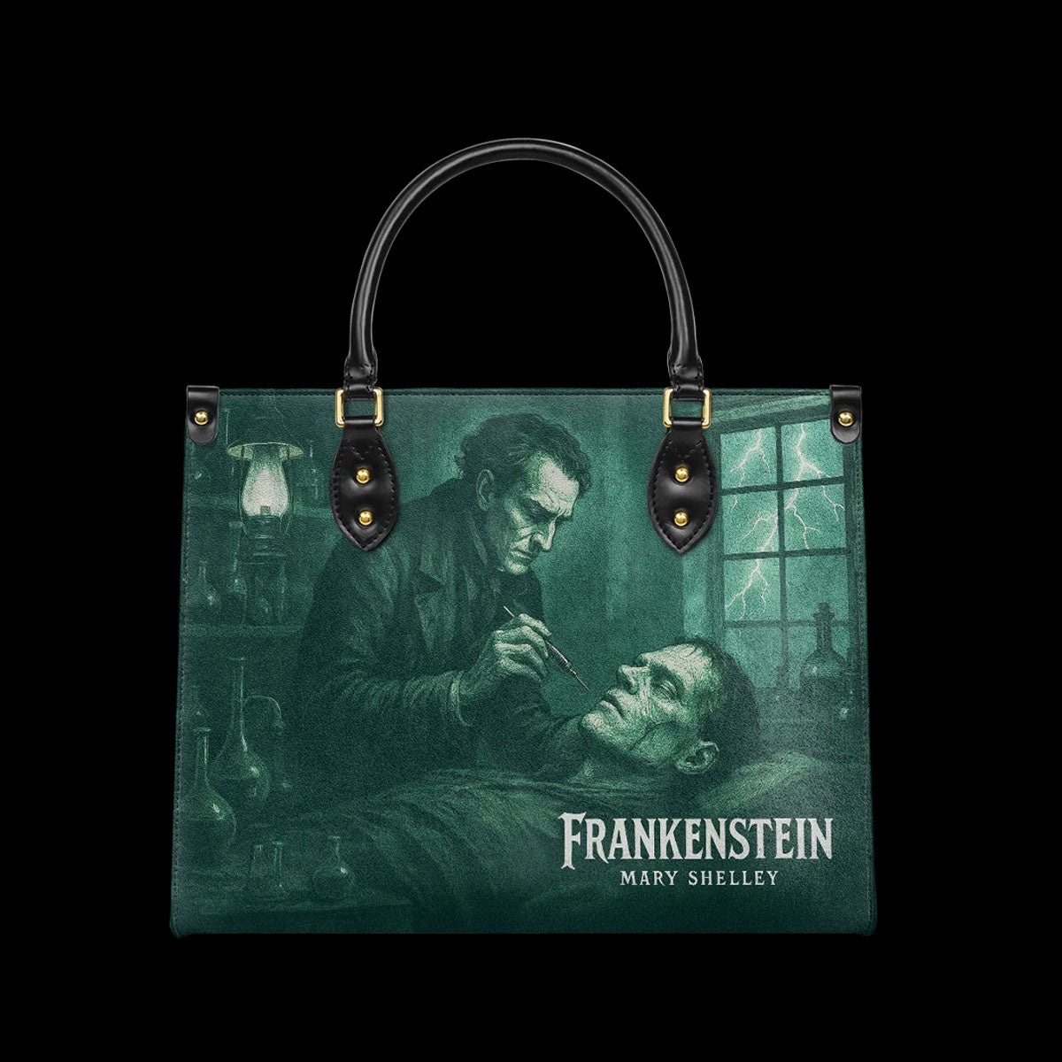 Mary Shelley Frankenstein Gothic Tote Bag – Purple and Green Horror Handbag for Halloween