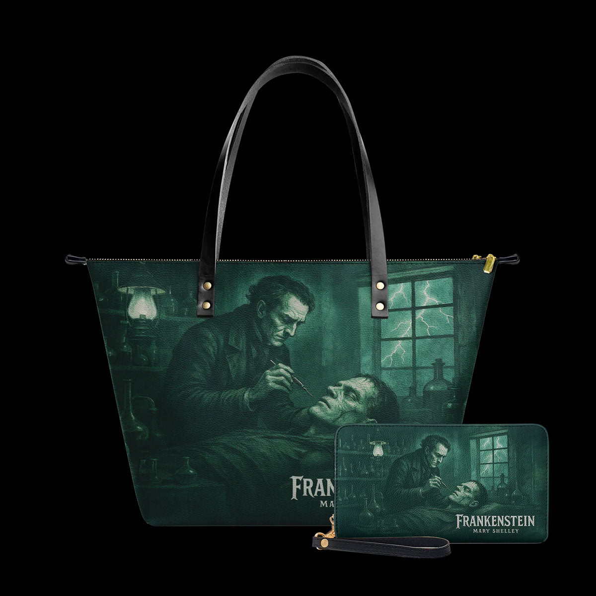 Mary Shelley Frankenstein Gothic Tote Bag – Purple and Green Horror Handbag for Halloween