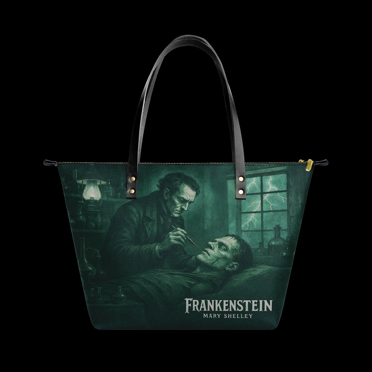 Mary Shelley Frankenstein Gothic Tote Bag – Purple and Green Horror Handbag for Halloween