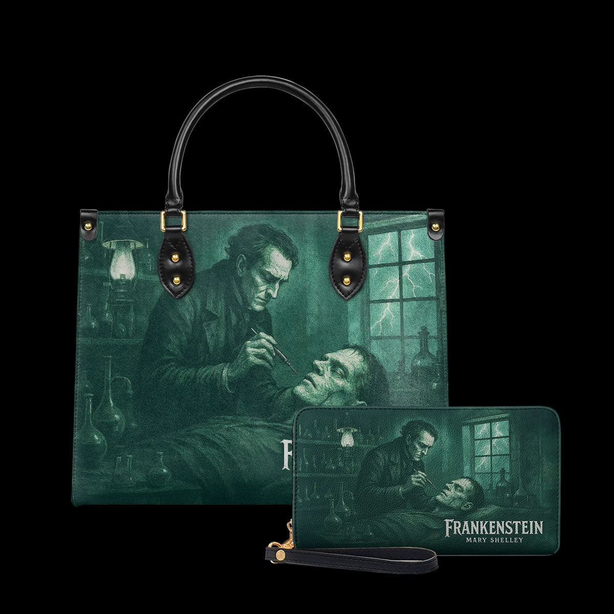 Mary Shelley Frankenstein Gothic Tote Bag – Purple and Green Horror Handbag for Halloween