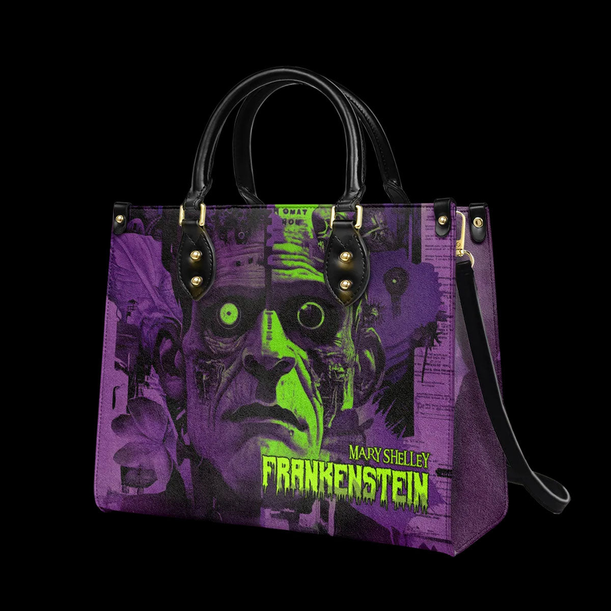 Mary Shelley Frankenstein Gothic Tote Bag – Purple and Green Horror Handbag for Halloween
