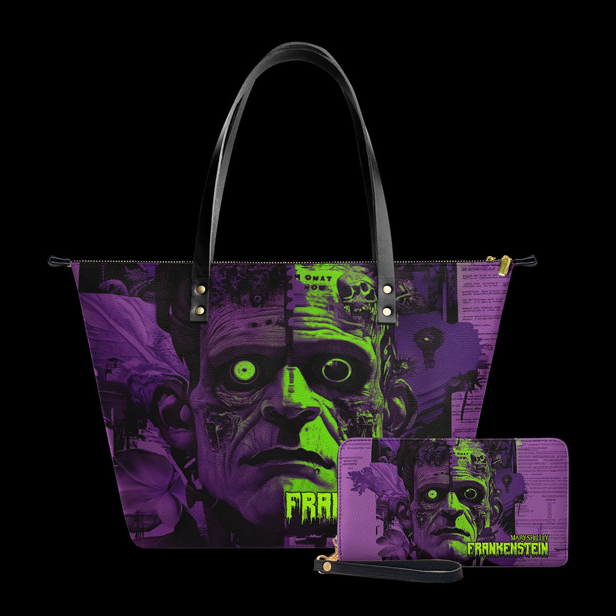 Mary Shelley Frankenstein Gothic Tote Bag – Purple and Green Horror Handbag for Halloween