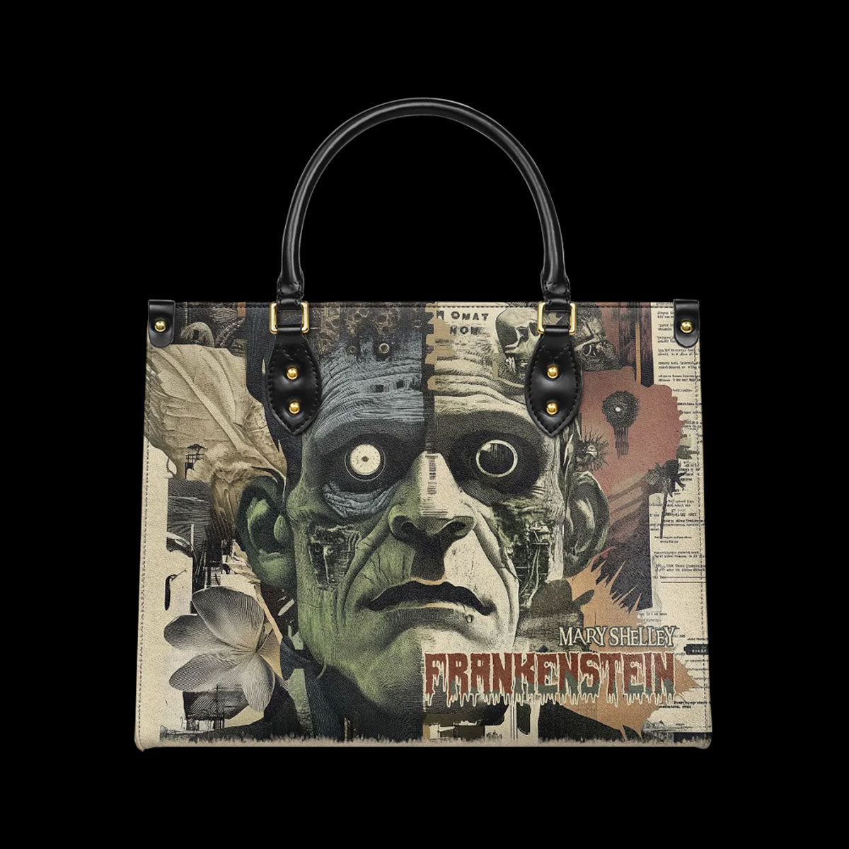 Mary Shelley Frankenstein Gothic Tote Bag – Purple and Green Horror Handbag for Halloween