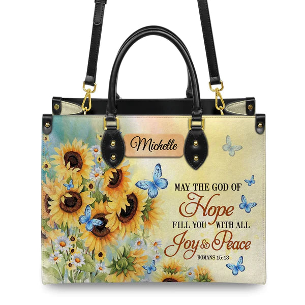 Christianartbag Handbags, May The God Of Hope Fill You With All Joy And Peace Romans 15 13 Butterfly Sunflower, Handbag Design, Monogram Leather Handbag, Gifts for Women, CABLTB06271223. - Christian Art Bag