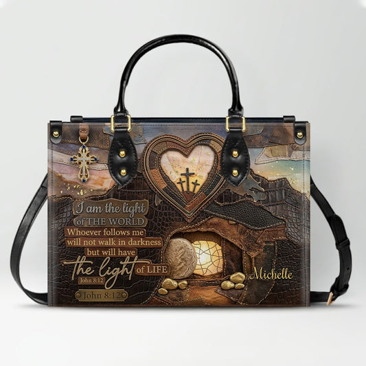 CHRISTIANARTBAG Personalized Leather Handbag - "I Am The Light of The World" John 8:12 Bible Verse Tote Bag with Cross Charm - Custom Name