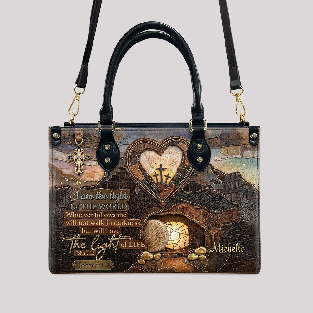 CHRISTIANARTBAG Personalized Leather Handbag - "I Am The Light of The World" John 8:12 Bible Verse Tote Bag with Cross Charm - Custom Name