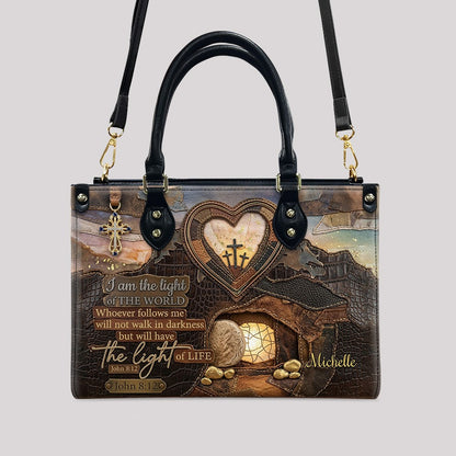 CHRISTIANARTBAG Personalized Leather Handbag - "I Am The Light of The World" John 8:12 Bible Verse Tote Bag with Cross Charm - Custom Name