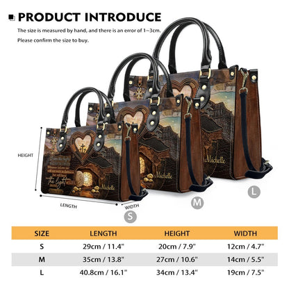 CHRISTIANARTBAG Personalized Leather Handbag - "I Am The Light of The World" John 8:12 Bible Verse Tote Bag with Cross Charm - Custom Name