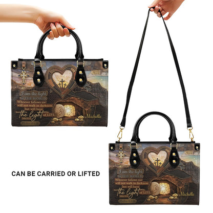 CHRISTIANARTBAG Personalized Leather Handbag - "I Am The Light of The World" John 8:12 Bible Verse Tote Bag with Cross Charm - Custom Name