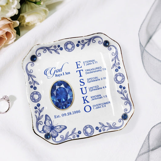 Personalized Ceramic Ring Dish Scalloped Gold Rim, Custom Name & Birthstone Jewelry Tray, Christian Faith Gift for Her - CHRISTIANARTBAG 01072526