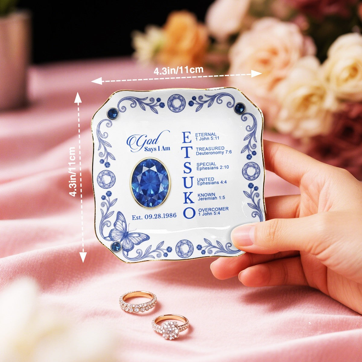 Personalized Ceramic Ring Dish Scalloped Gold Rim, Custom Name & Birthstone Jewelry Tray, Christian Faith Gift for Her - CHRISTIANARTBAG 01072526