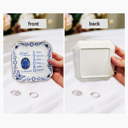 Personalized Ceramic Ring Dish Scalloped Gold Rim, Custom Name & Birthstone Jewelry Tray, Christian Faith Gift for Her - CHRISTIANARTBAG 01072526
