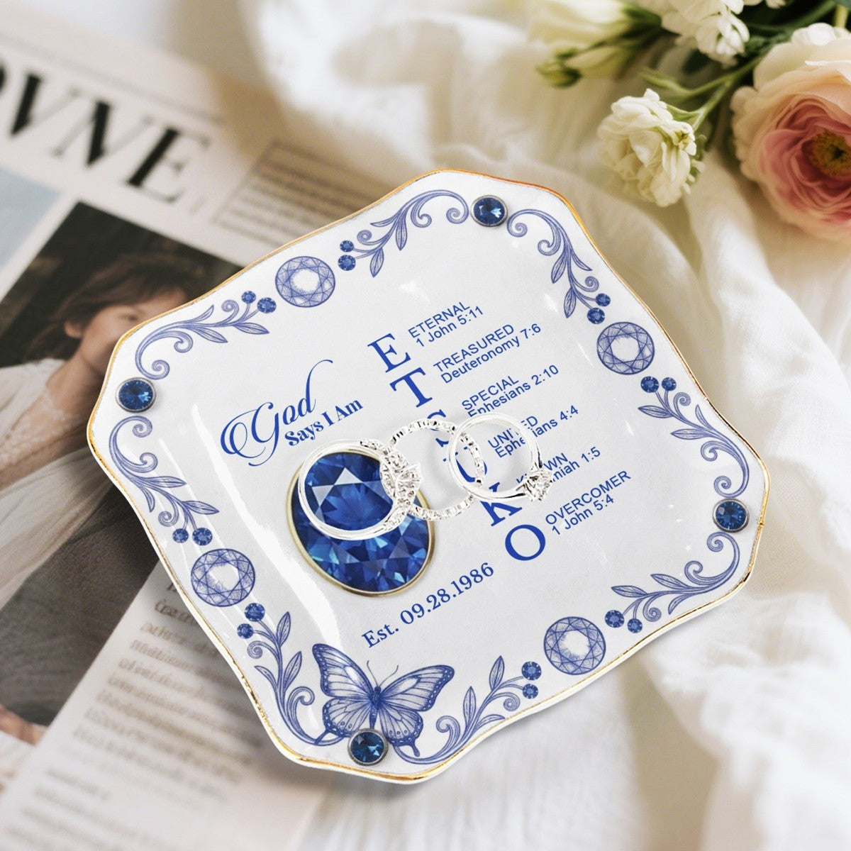 Personalized Ceramic Ring Dish Scalloped Gold Rim, Custom Name & Birthstone Jewelry Tray, Christian Faith Gift for Her - CHRISTIANARTBAG 01072526