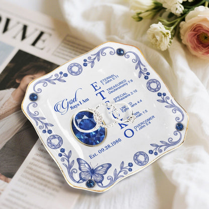 Personalized Ceramic Ring Dish Scalloped Gold Rim, Custom Name & Birthstone Jewelry Tray, Christian Faith Gift for Her - CHRISTIANARTBAG 01072526