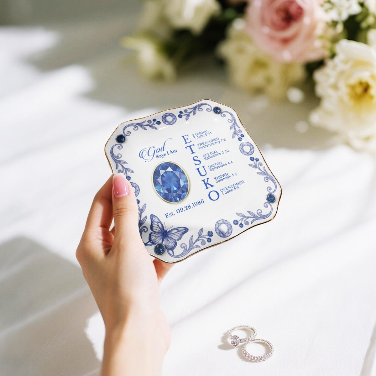 Personalized Ceramic Ring Dish Scalloped Gold Rim, Custom Name & Birthstone Jewelry Tray, Christian Faith Gift for Her - CHRISTIANARTBAG 01072526