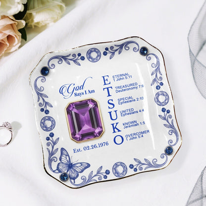 Personalized Ceramic Ring Dish Scalloped Gold Rim, Custom Name & Birthstone Jewelry Tray, Christian Faith Gift for Her - CHRISTIANARTBAG 01072526