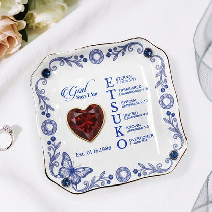 Personalized Ceramic Ring Dish Scalloped Gold Rim, Custom Name & Birthstone Jewelry Tray, Christian Faith Gift for Her - CHRISTIANARTBAG 01072526