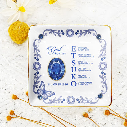 Personalized Ceramic Ring Dish Scalloped Gold Rim, Custom Name & Birthstone Jewelry Tray, Christian Faith Gift for Her - CHRISTIANARTBAG 01072526