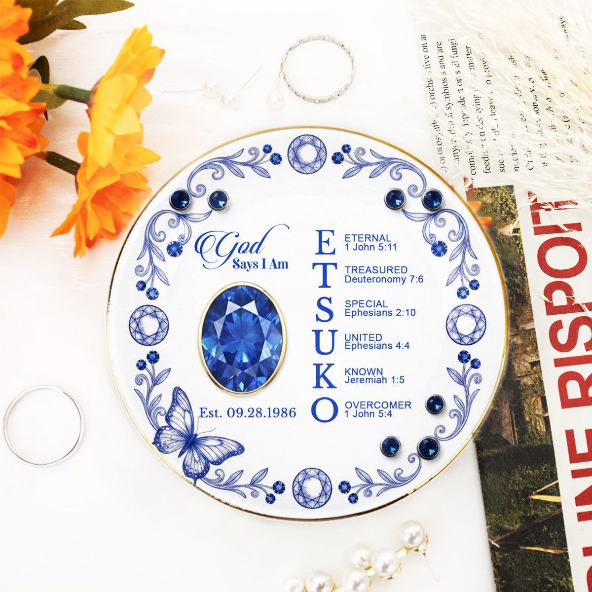 Personalized Ceramic Ring Dish Scalloped Gold Rim, Custom Name & Birthstone Jewelry Tray, Christian Faith Gift for Her - CHRISTIANARTBAG 01072526