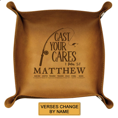 CHRISTIANARTBAG Personalized Leather Tray | Uncover the sacred meaning of your name – Cast Your Cares – Custom Engraved Christian Gift by CHRISTIANARTBAG, CAB02120525