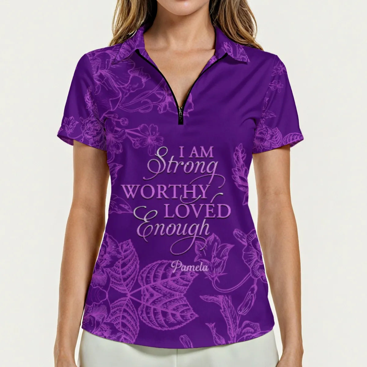Personalized Women's Polo Shirt – 'I Am Strong Worthy Loved Enough' Floral Design with Custom Name