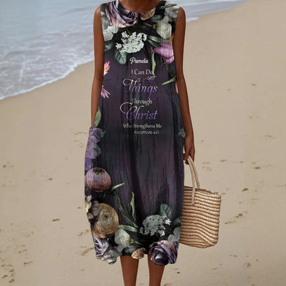 Personalized Christian Sleeveless Maxi Dress for Women – Faith-Inspired Floral A-Line Dress with Bible Verse Print