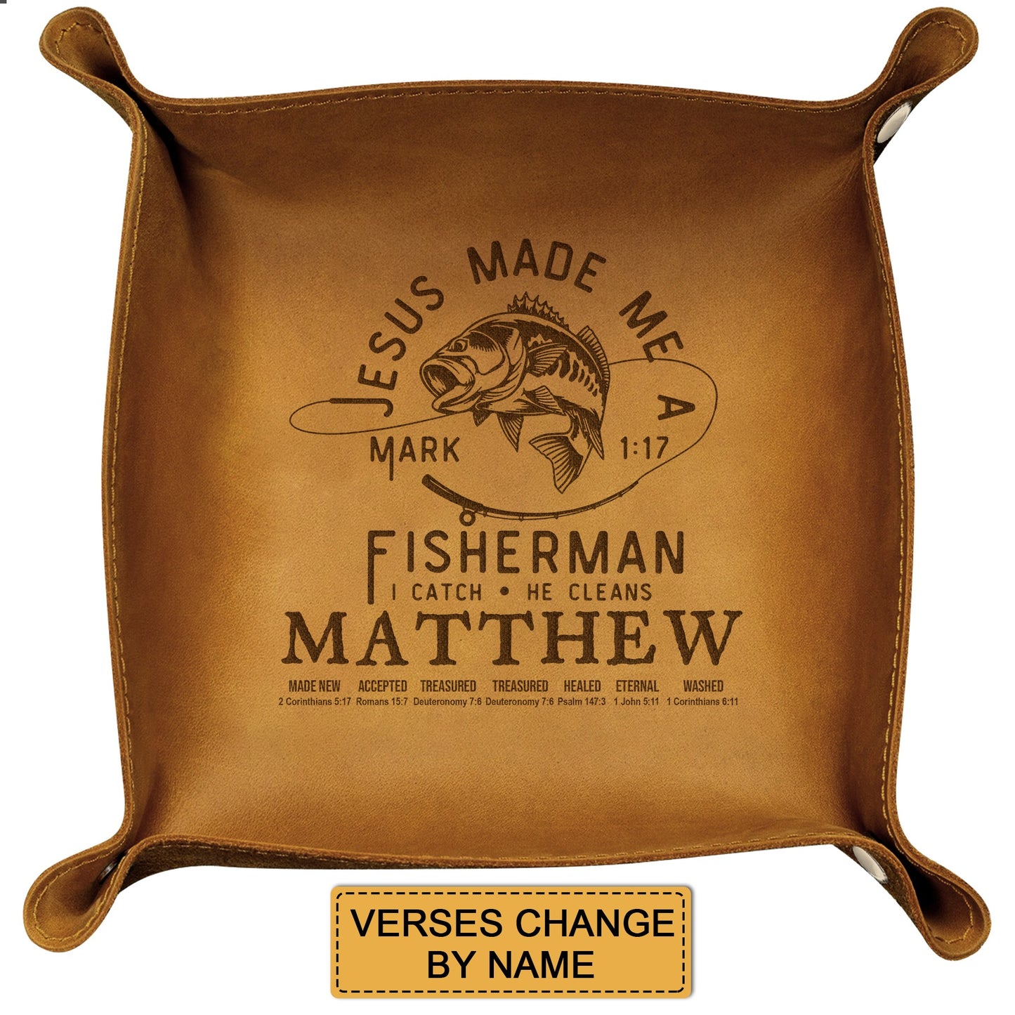 CHRISTIANARTBAG Personalized Leather Tray | Uncover the sacred meaning of your name – Jesus Made Me A Fisher Man – Custom Engraved Christian Gift by CHRISTIANARTBAG, CAB05120525