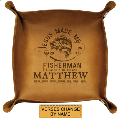 CHRISTIANARTBAG Personalized Leather Tray | Uncover the sacred meaning of your name – Jesus Made Me A Fisher Man – Custom Engraved Christian Gift by CHRISTIANARTBAG, CAB05120525