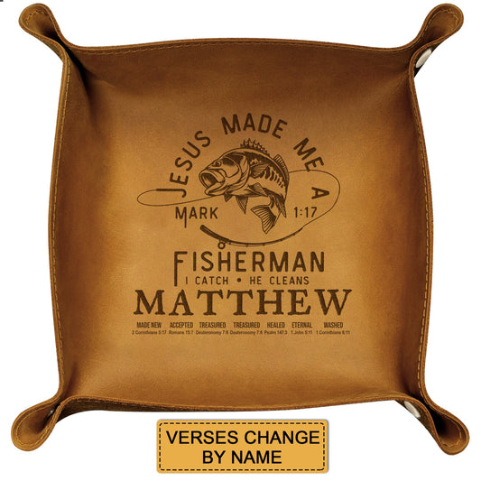 CHRISTIANARTBAG Personalized Leather Tray | Uncover the sacred meaning of your name – Jesus Made Me A Fisher Man – Custom Engraved Christian Gift by CHRISTIANARTBAG, CAB05120525