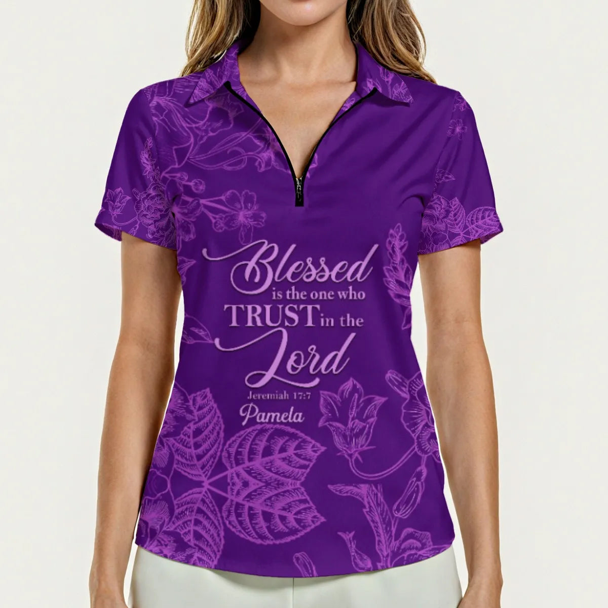 Personalized Women's Polo Shirt – 'I Am Strong Worthy Loved Enough' Floral Design with Custom Name