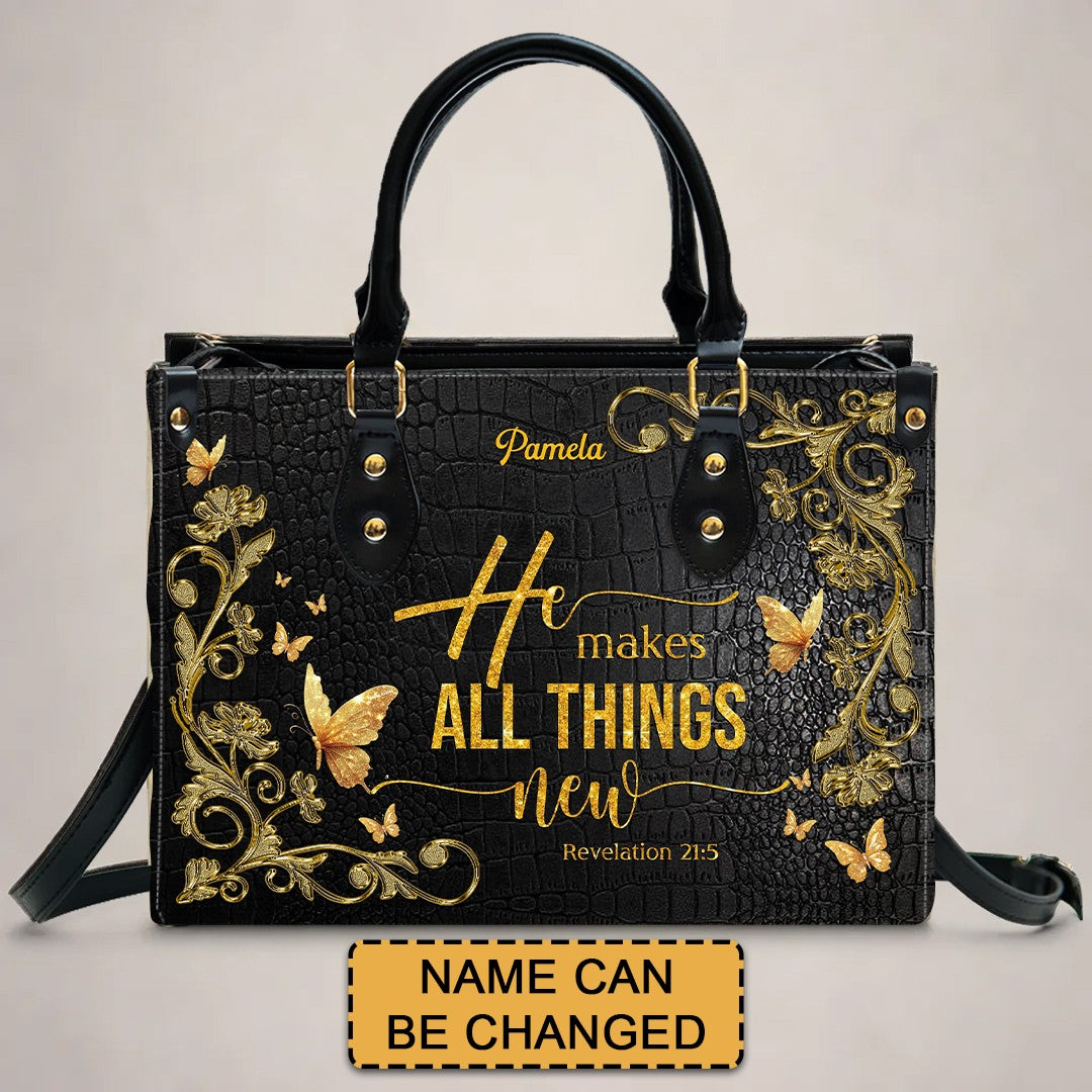 Personalized Leather Handbag – Redeemed in Grace – He makes all things new – Revelation 21:5 | CHRISTIANARTBAG