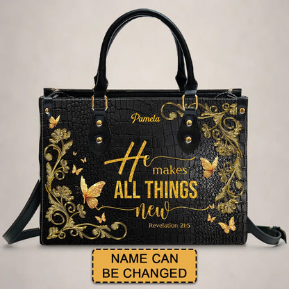 Personalized Leather Handbag – Redeemed in Grace – He makes all things new – Revelation 21:5 | CHRISTIANARTBAG