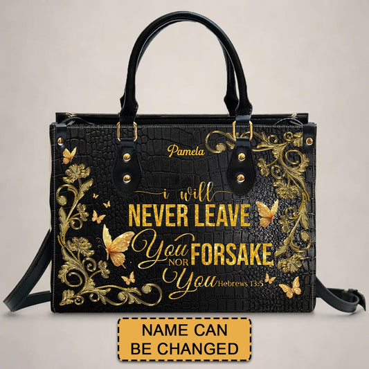 Personalized Leather Handbag – Alone but Not Lonely – I will never leave you nor forsake you – Hebrews 13:5 | CHRISTIANARTBAG