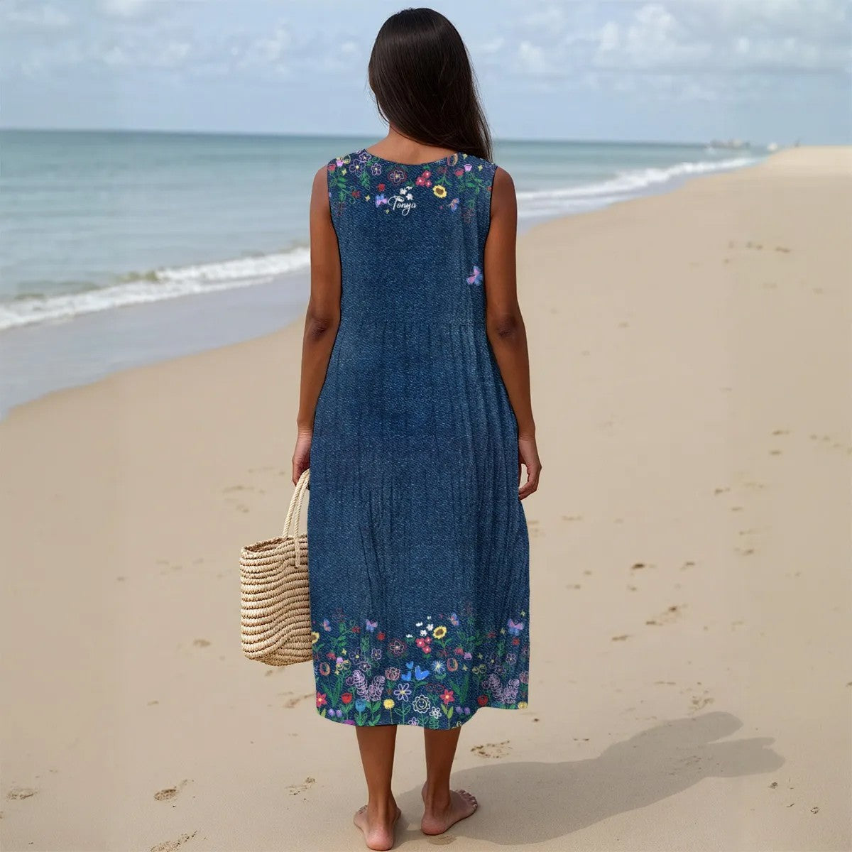 Christian Faith Dress for Women – “God Says I Am” Denim Print Maxi Dress with Bible Verses | Inspirational Religious Summer Dress