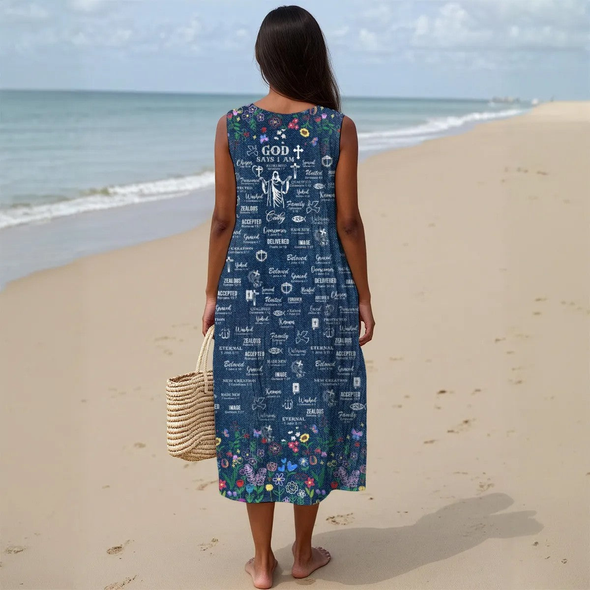 Christian Faith Dress for Women – “God Says I Am” Denim Print Maxi Dress with Bible Verses | Inspirational Religious Summer Dress