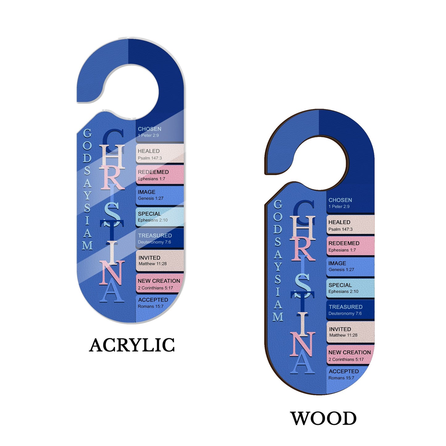 Personalized Christian Door Knob Hanger – God Says I Am Door Knob Sign – Personalized Name with Verses – Premium Acrylic or Wood | CHRISTIANARTBAG