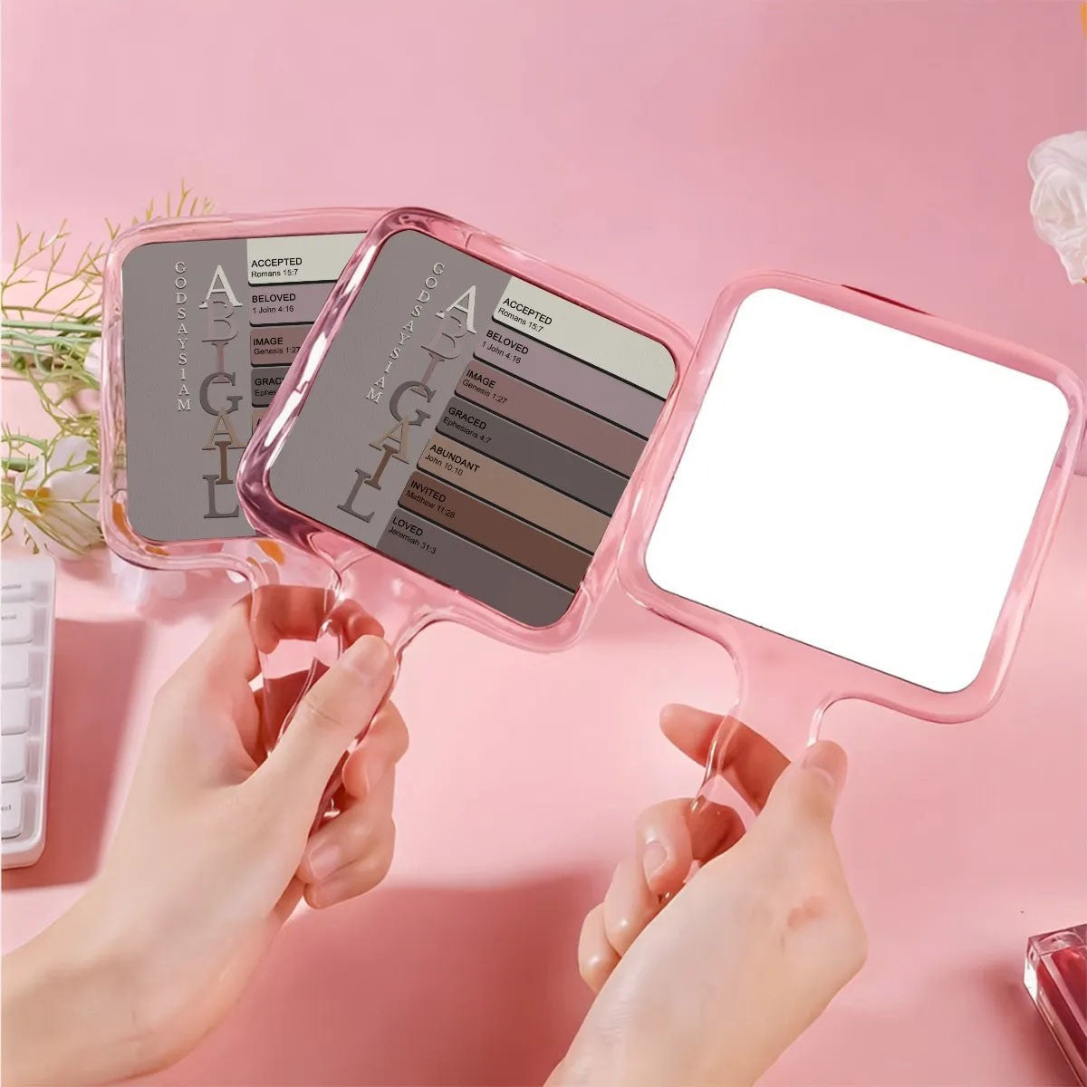 Personalized Christian Handheld Mirror with Bible Verses – Custom Name Makeup Mirror Gift for Women & Girls
