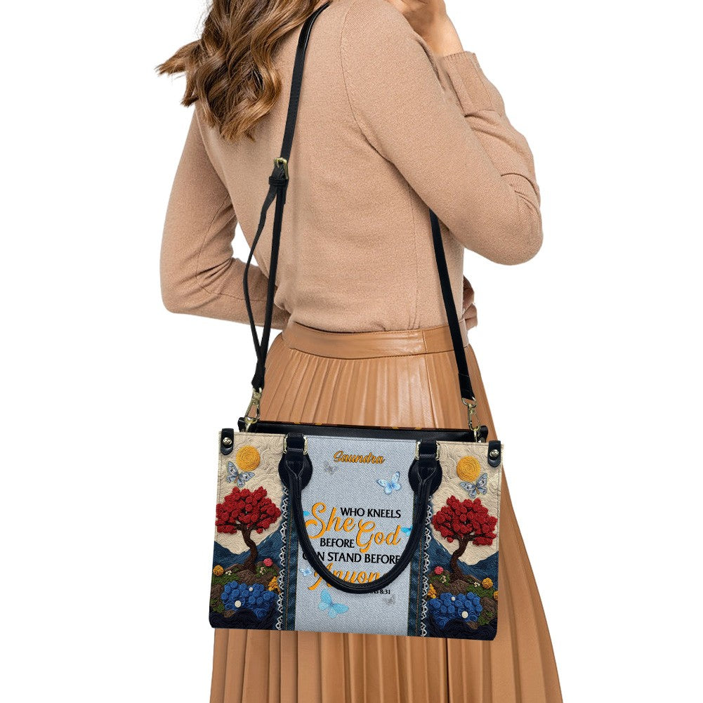 Christianartbag Handbags, She Who Kneels Before God Romans 8 31, Embroidered Handbag Design, Monogram Leather Handbag, Gifts for Women, CABLTB014825