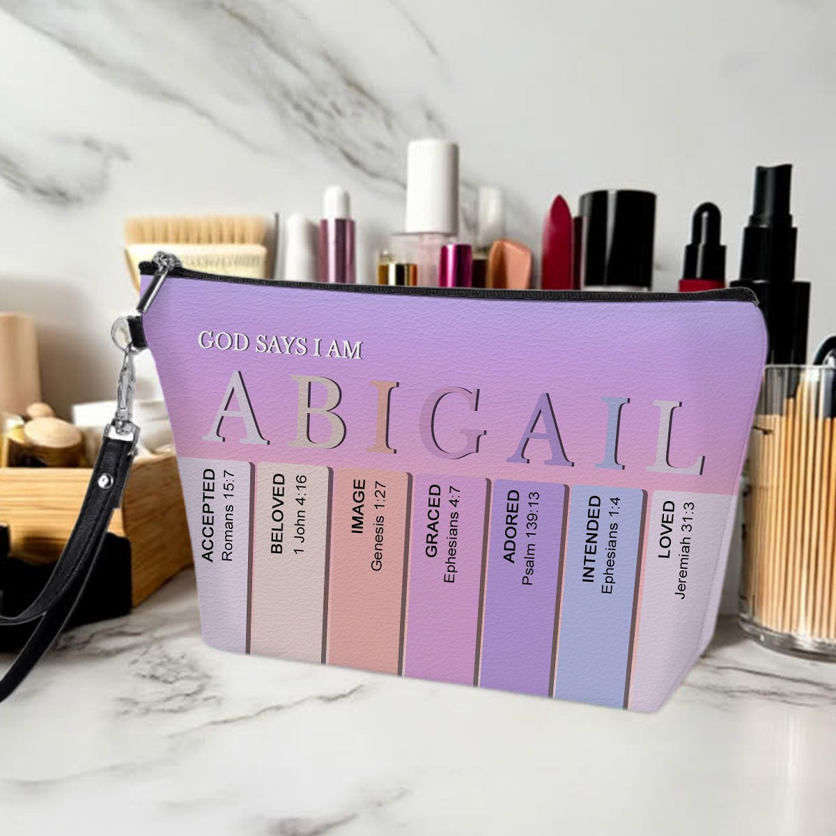 Personalized Christian Makeup Bag – Custom Name Bible Verse Cosmetic Pouch | God Says I Am Gift for Women