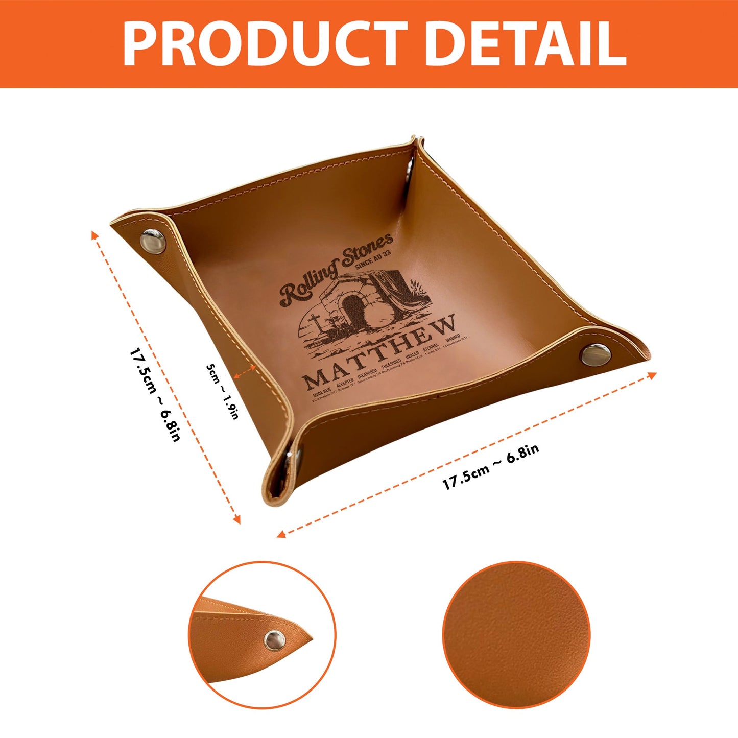 CHRISTIANARTBAG Personalized Leather Tray | Uncover the sacred meaning of your name – Rolling Stones Since Ad 33 – Custom Engraved Christian Gift by CHRISTIANARTBAG, CAB03120525