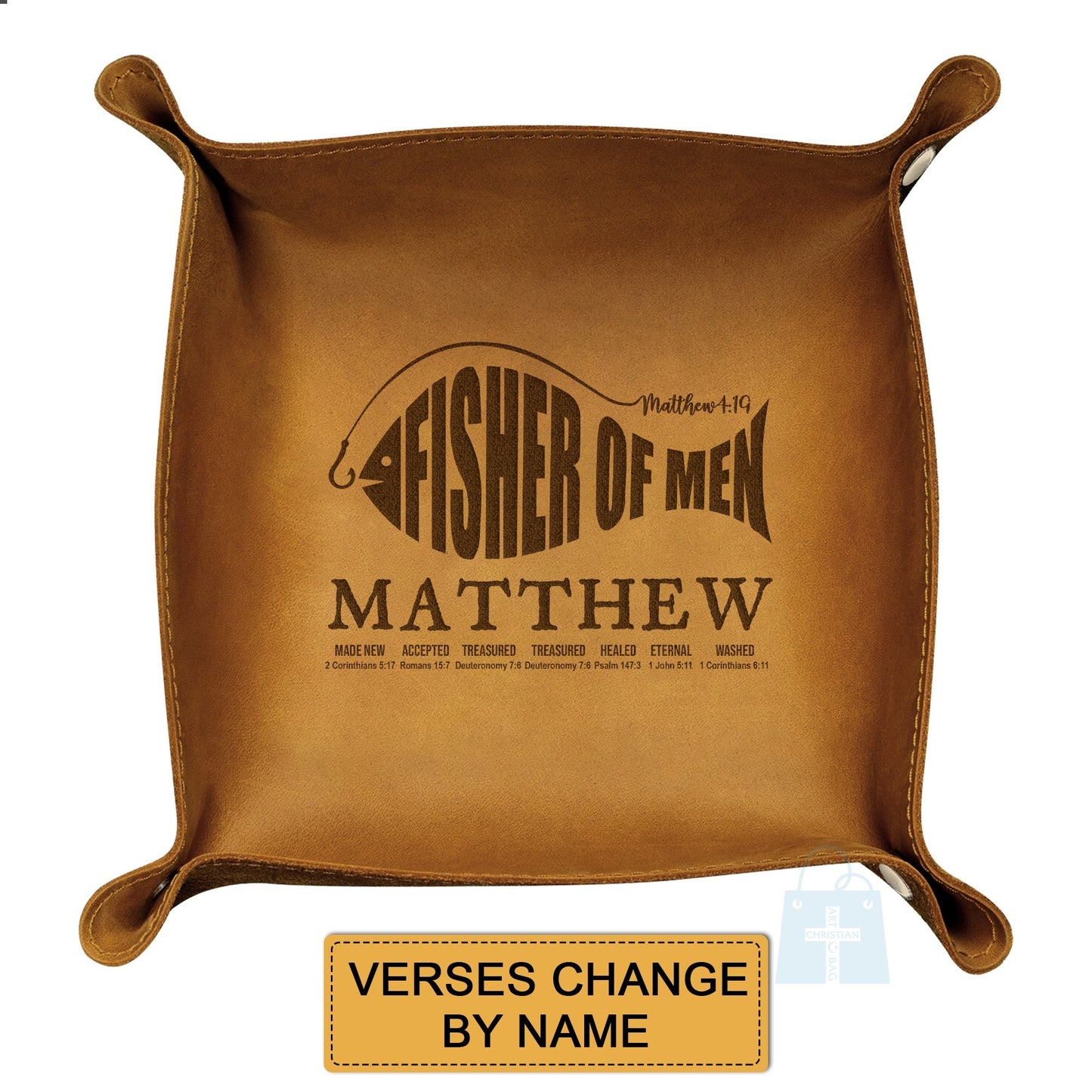 CHRISTIANARTBAG Personalized Leather Tray | Uncover the sacred meaning of your name – Fisher Of Men – Custom Engraved Christian Gift by CHRISTIANARTBAG, CAB01120525